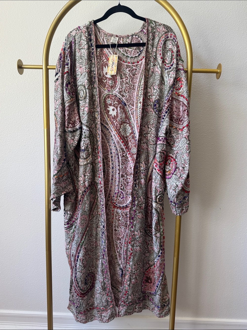 Raj Paisley Duster Cardigan in Rose and Cream with Multicolor Bead Trim